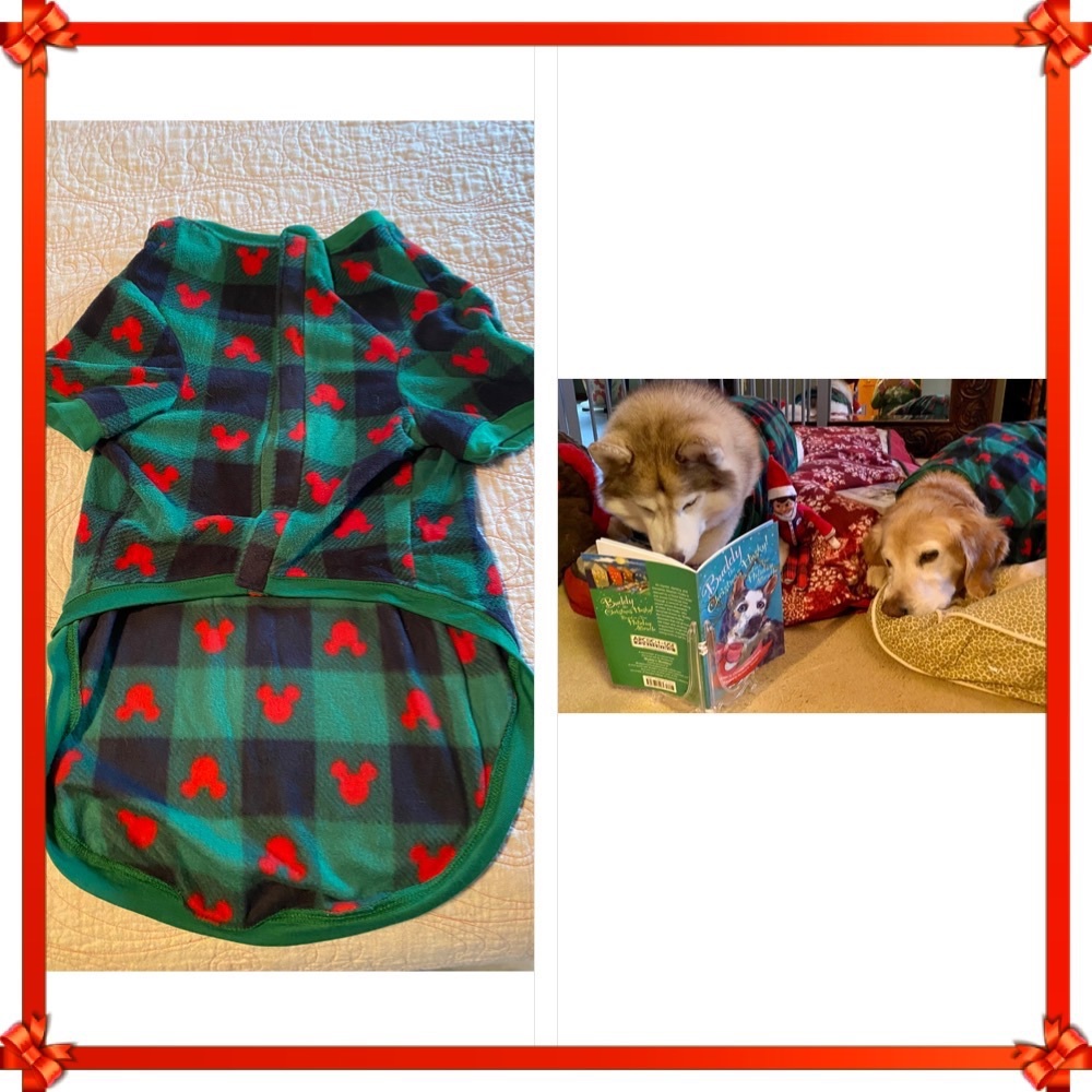 EUC Disney Mickey Mouse fleece dog pajamas-green/blue plaid/red Mickey icons